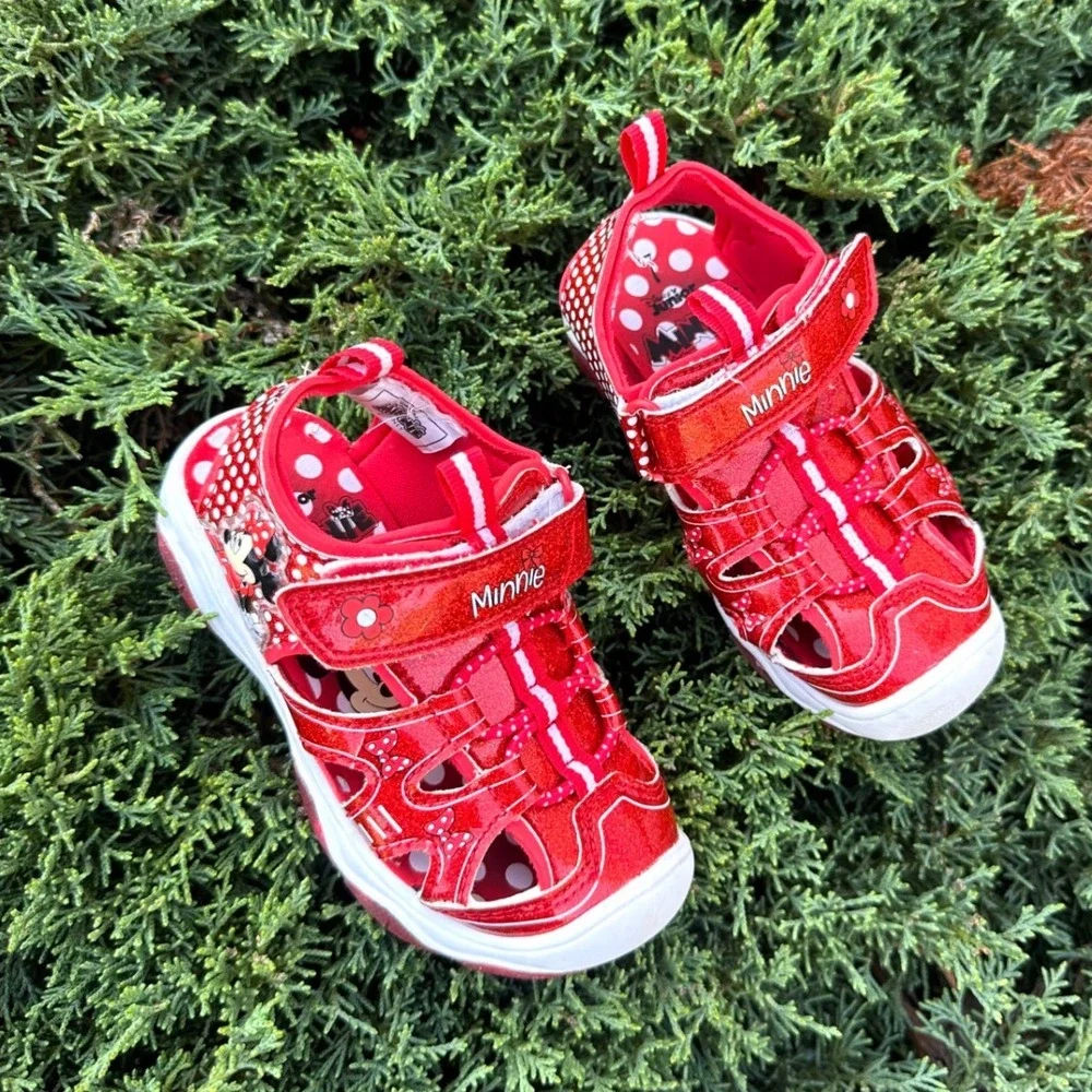 Disney Minnie Mouse Toddler Girls Red Glitter Polka Dot Light Up Sandals Size 7